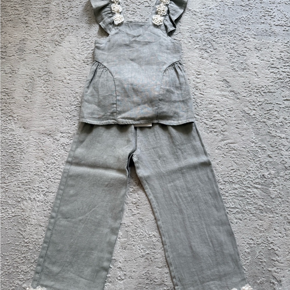 Zara Light Gray Linen Two-Piece Set with Lace Detail